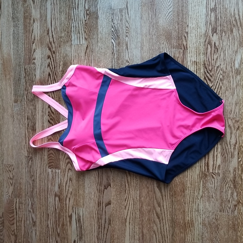 (XL) Bright Coral One Piece Swimsuit Beach Summer Swim Color Block Performance